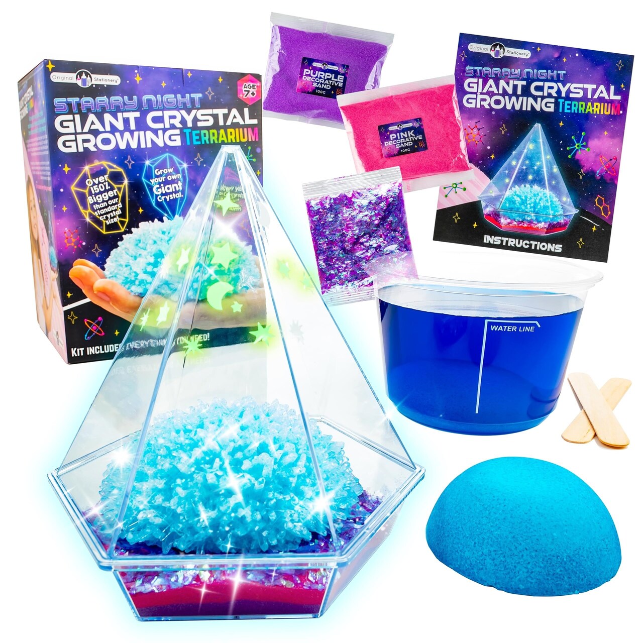 Original Stationery Starry Night Giant Crystal Growing Terrarium Kit for Kids, Fun Crystal Growing Kit with Glow in The Dark Stickers and Glitters, Awesome Gift Idea and Science Kits, Ages 3-14